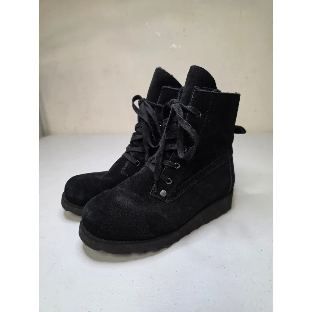Bearpaw Krista Wide Black Suede Lace Up Winter Boots Womens 7
